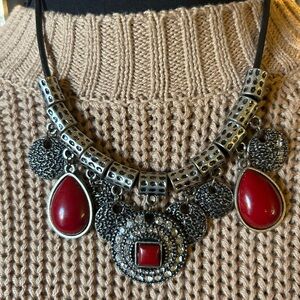 Premier Designs Big Red TearDrop Cabochons with Silver Tone Statement Necklace